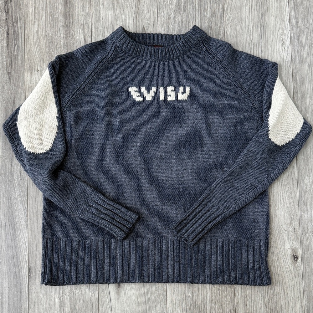 Evisu Vintage 100% Wool Crew Neck Sweater with Cream Accents - Picture 2 of 8